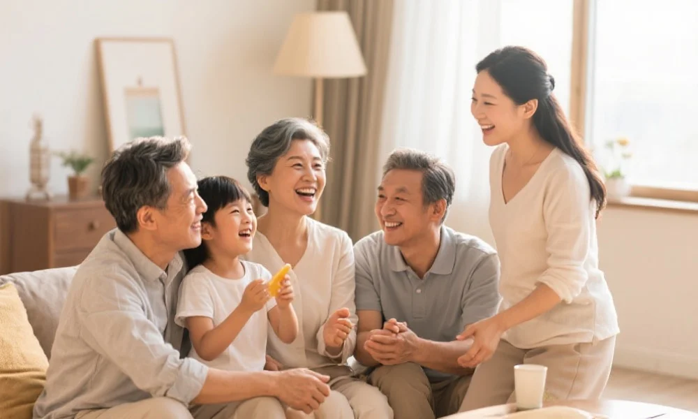 一家人在温馨的家庭环境中互动，彼此微笑交流，彰显健康生活与积极娱乐氛围